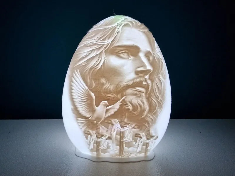 Face of Jesus with Dove and Three Crosses Lithophane Egg Tea Light
