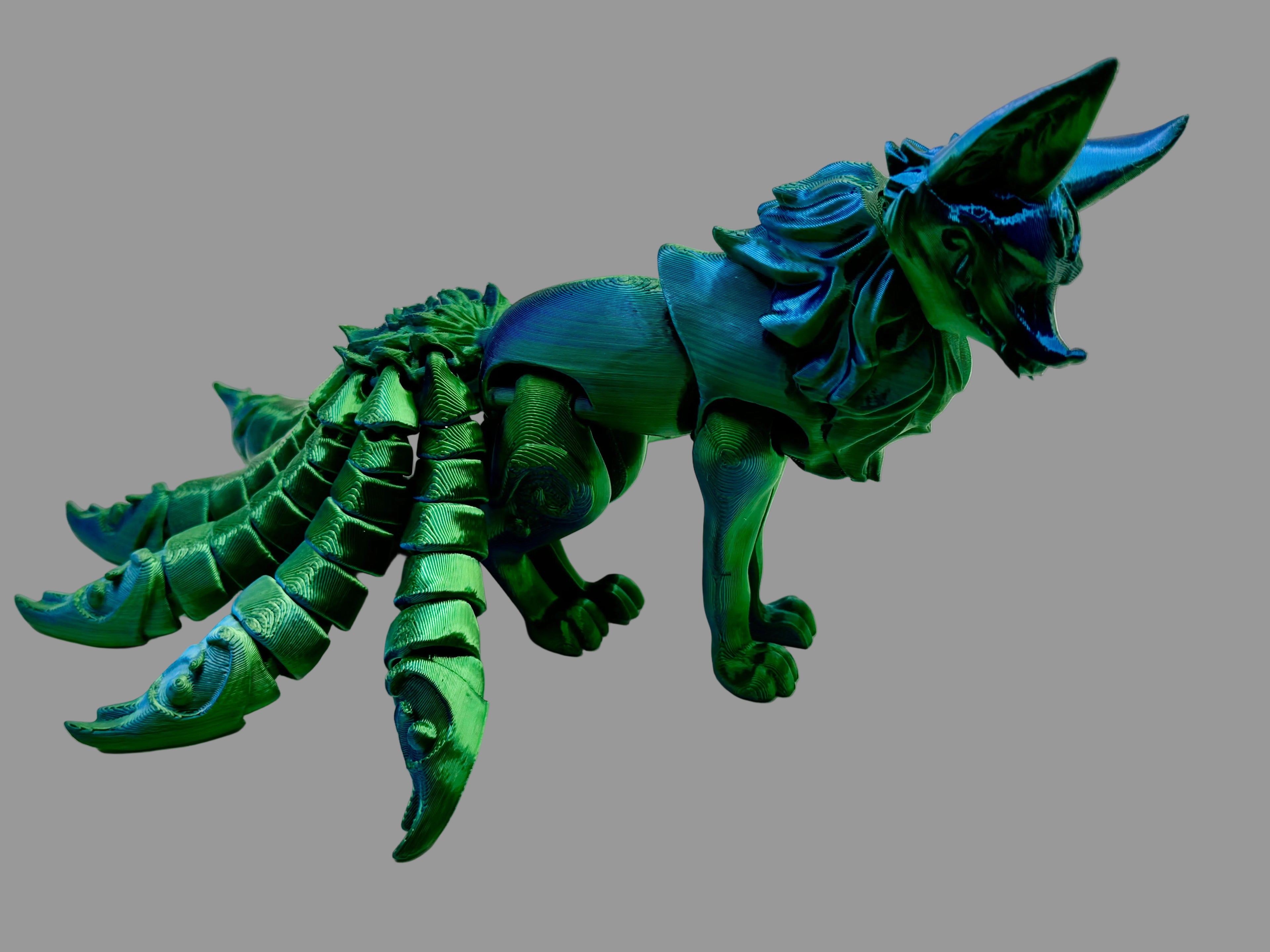 3D Printed Kitsune Fox Figurine - Desk Decoration Decor - 6 Inches Long 5 Inch Tail Span